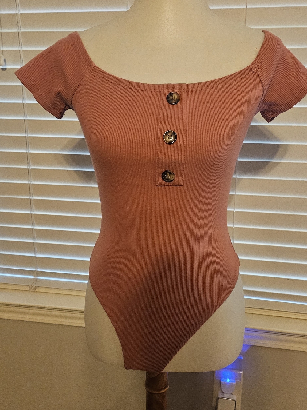 Rue21 Rust Ribbed Off-Shoulder Bodysuit with Button Detail